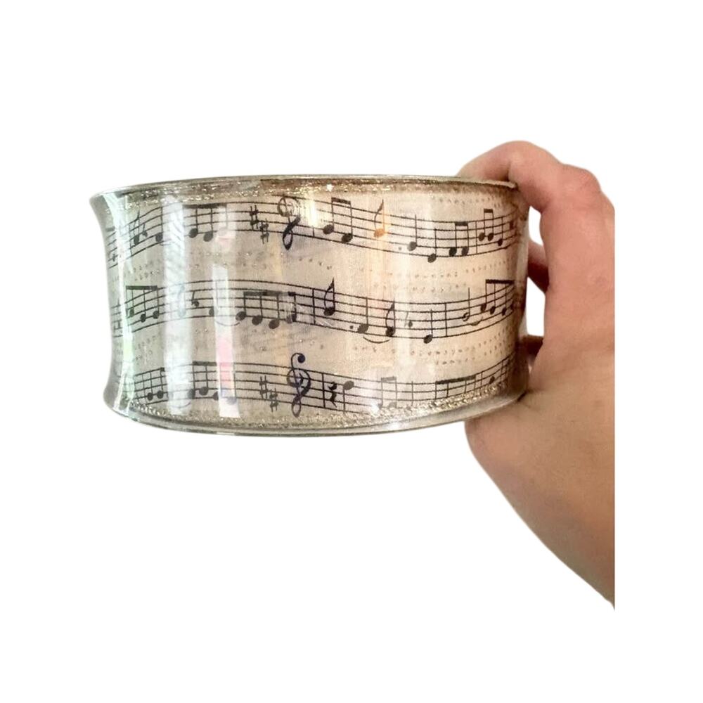 50 Yds Wired Christmas Music Note Ribbon 2.5” Gold Glitter Sheet Music